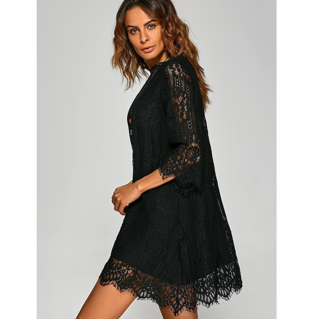 Elegant Sweet Style Women Loose Irregular Hem Plain Openwork Lace Mini Dress